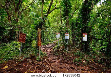 Trailhead Of The Famous Kalalau Trail Along Na Pali Coast Of The Island Of Kauai