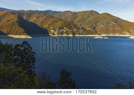 Autumn landscape of Meander of Vacha (Antonivanovtsy) Reservoir, Rhodopes Mountain, Bulgaria