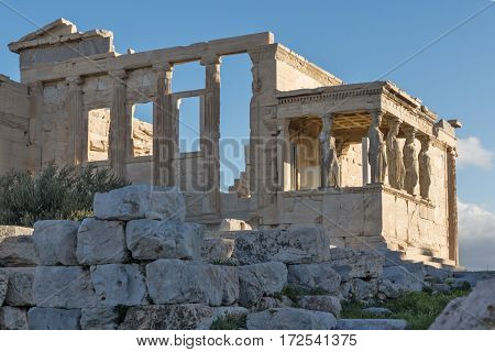 The Porch of the Caryatids in The Erechtheion an ancient Greek temple on the north side of the Acropolis of Athens, Attica, Greece
