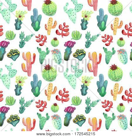 Watercolor hand drawn cactus succulent seamless pattern. White background. Beautiful vivid cute succulents. Ideal for sites fliers flyers brochures wedding invitation card banners etc.