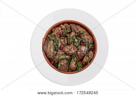 roast heart  liver beef chicken kuchmachi  traditional Georgian dish white background top view