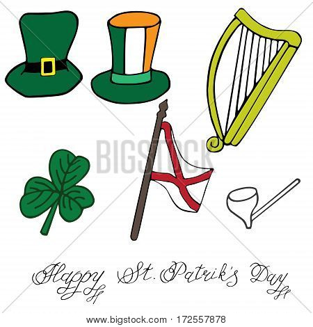 St. Patrick day set. Hand drawn sketched vector illustrations. Doodle accessories