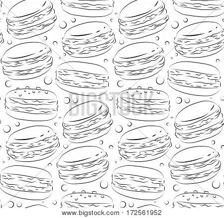 Seamless black and white texture with contour macaroon. Background with sweets. Vector pattern for your creativity