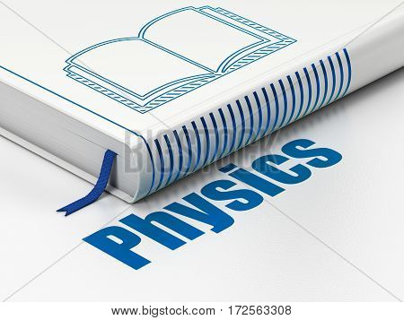 Education concept: closed book with Blue Book icon and text Physics on floor, white background, 3D rendering