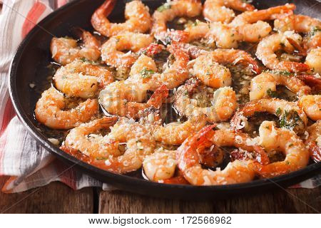 Shrimp With Garlic, Parmesan And Herbs Closeup. Horizontal