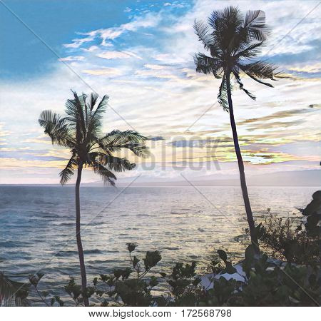 Palm trees during sunset. Seaside sunset with palm tree silhouettes. Sunlight exotic landscape with sun and clouds. Digital illustration with seascape with sun reflection. Colorful tropical artwork
