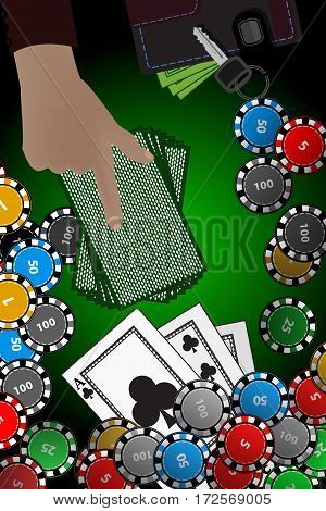 Casino Chips Hand Stack Of Cards. Winnings Concept