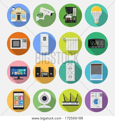 Smart House and internet of things Flat Icons Set with smartphone, tablet, security camera, router light bulb and smart tv on colored circles with Long Shadows. Isolated vector illustration