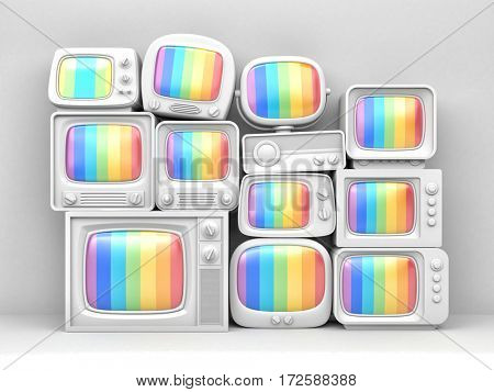 Pile of retro TV in standby - white toned. 3d illustration