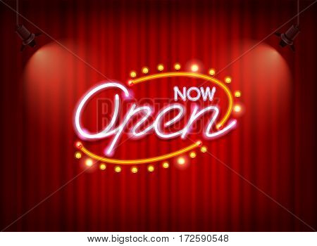 now open neon sign light glow on curtain mesh object vector but easy to change color