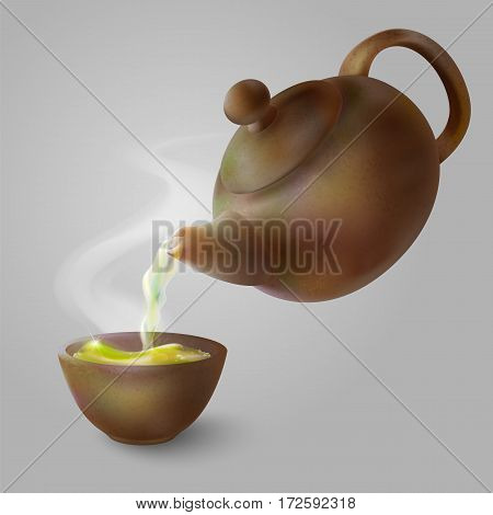 Vector 3d illustration of a tea party. From the kettle filled with hot cup of tasty drink. Teapot, bowl on a neutral background.