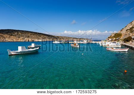 Fishing boats in the harbor of Iraklia island in Lesser Cyclades, Greece.