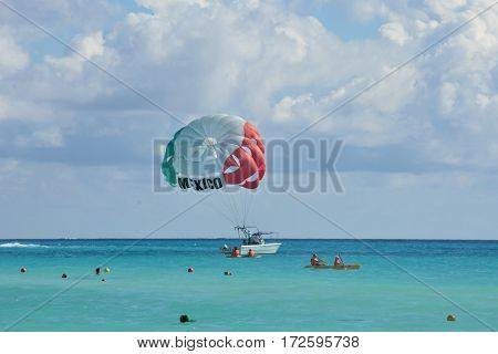 Playa del Carmen Mexico - January 28 2017: Parascenders over caribbean sea