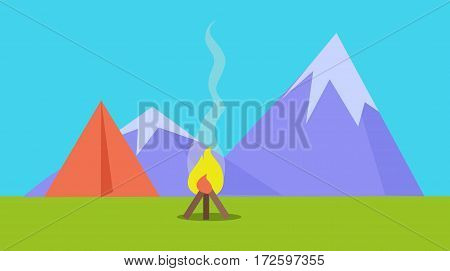 Camping tent near fire and mountains on background in flat style. Recreation activity. Can be used for web banners, marketing and promotional materials, presentation templates. Hiking concept. Vector