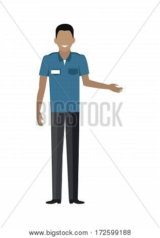 Shop worker character vector template. Flat design. Smiling man in uniform, assistant, seller, cashier or guard standing on white background. Grocery shop, supermarket, mall personnel illustration.