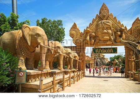 PORT AVENTURA/ SPAIN - MAY 11. Entrance gate to the attraction Angkor located in the China area in the theme park Port Aventura on May 11, 2015 in city Salou, Catalonia, Spain.