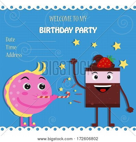 The invitation to the birthday party. Funny cupcakes .Flat style. Cartoon. Vector illustration