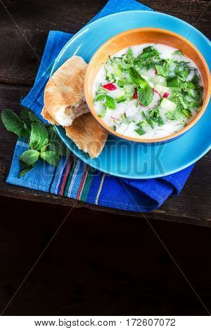 Azerbaijani/russian Cold Soup With Greens On Dark Rustic Background.