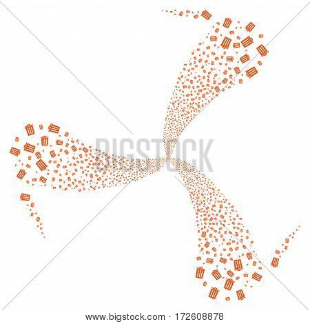 Dustbin fireworks swirl rotation. Vector illustration style is flat orange iconic symbols on a white background. Object whirlpool organized from random design elements.