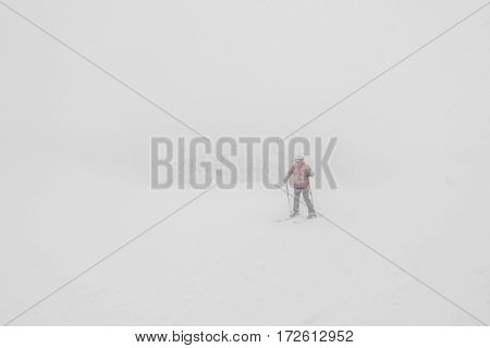 Yamakata, Japan - February 7, 2017: A female skier at Rope-way in winter Zao ski moutain, Yamagata Japan .