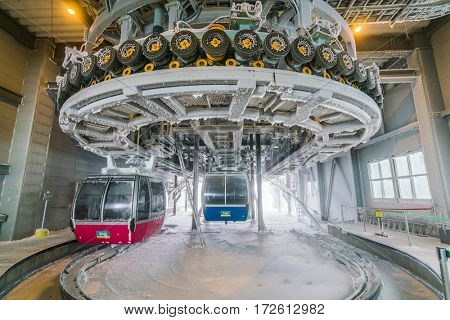 Yamakata, Japan - February 7, 2017: Rope-way in winter at Zao ski moutain, Yamagata Japan