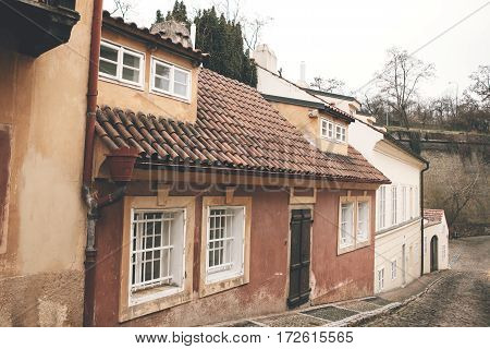 Traditional Czech unusual beautiful house on Cerninska street in Hradcany district of Prague - the capital of the Czech Republic. Tourist destinations. Sight.