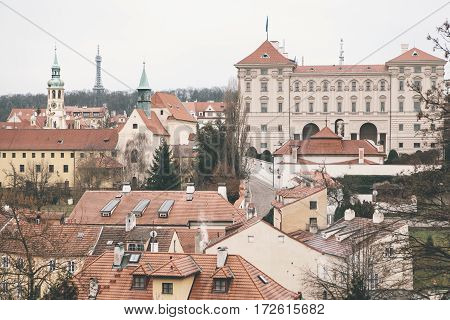 Traditional Czech unusual beautiful house on Cerninska street in Hradcany district of Prague, Czech Republic. The view from the observation deck. Viewpoint. Tourist destinations. Sight.