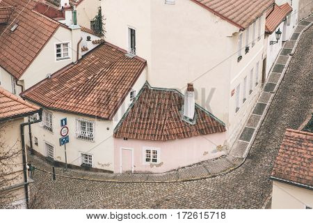 Traditional Czech unusual beautiful house on Cerninska street in Hradcany district of Prague - the capital of the Czech Republic. Tourist destinations. Sight.