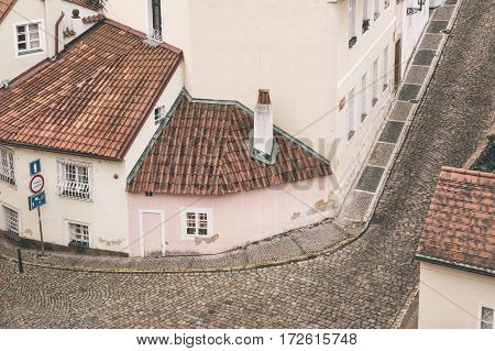 Traditional Czech unusual beautiful house on Cerninska street in Hradcany district of Prague - the capital of the Czech Republic. Tourist destinations. Sight.