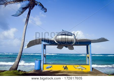 new bus stop with stingray on main road Sally Peachie Corn Island Nicaragua Central America on Caribbean Sea
