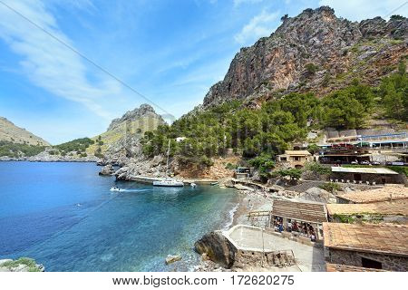 Village Sa Calobra on the coast of the Mediterranean sea. Island Majorca, Spain.