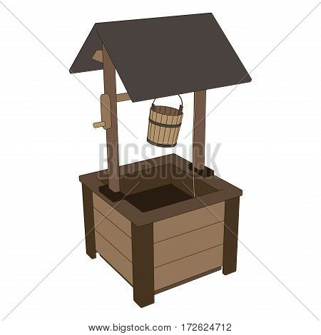 Vector wooden village well with a bucket isolated on white background.