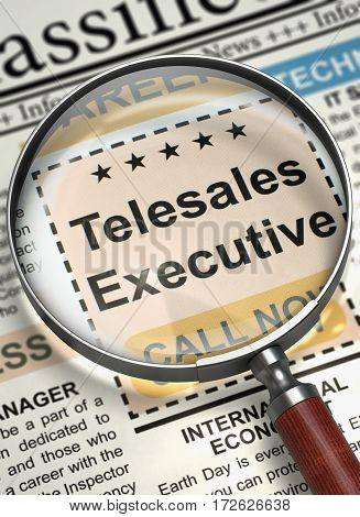 Magnifying Lens Over Newspaper with Classified Ad of Telesales Executive. Column in the Newspaper with the Jobs Section Vacancy of Telesales Executive. Hiring Concept. Selective focus. 3D Rendering.