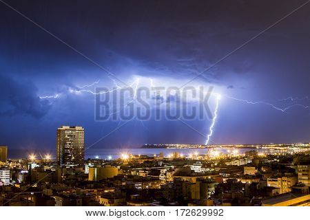 Lightning and thunder during a thunderstorm, one night in Alicante