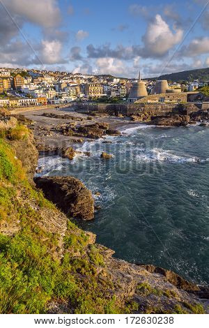 View of the town of Ilfracombe from Capstone Hill. Evening. Low tide at sea. North Devon. UK