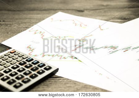 calculator on graffica the Dow Jones on forex market at grey table