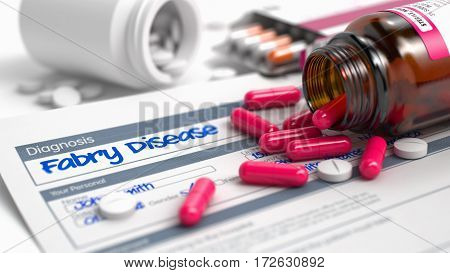 Fabry Disease - Handwritten Diagnosis in the Extract From the History of Disease. Medicine Concept with Heap of Pills, Close Up View, Selective Focus. 3D Illustration.