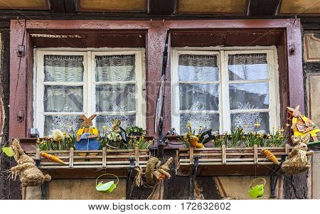 ColmarFrance- April 23rd 2011: The window of a traditional half-timbered house is specifically decorated for Easter in Colmarin Alsace France.