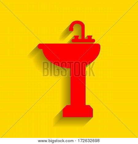 Bathroom sink sign. Vector. Red icon with soft shadow on golden background.