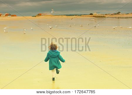 Girl run away. Seagulls flying around on ocean.