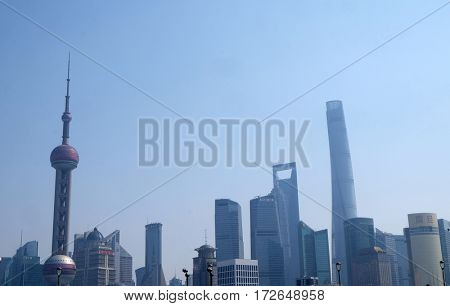 SHANGHAI - FEBRUARY 29: Lujiazui financial district skyscrapers buildings landscape in Shanghai,Shanghai Lujiazui is one of the most influential financial center of China, February 29, 2016.