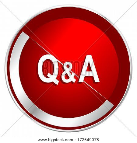 Question answer red web icon. Metal shine silver chrome border round button isolated on white background. Circle modern design abstract sign for smartphone applications.