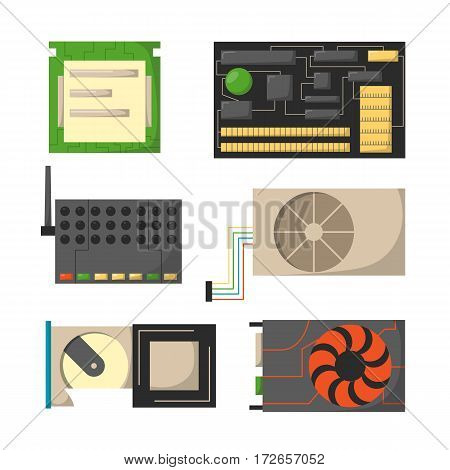 Computer parts network component accessories various electronics devices and desktop pc processor drive hardware memory card vector illustration. Electronics network component accessories symbol.