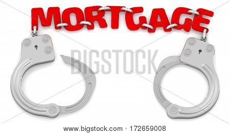 Mortgage as limiter of freedom. Steel handcuffs with red word 