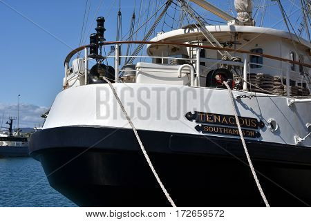 Eden Australia - Jan 6 2017. SV Tenacious at Port of Eden. The STS Tenacious is a modern British wooden sail training ship specially designed to accommodate anyone over 16 with a disability.
