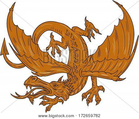 Drawing sketch style illustration of an angry agressive dragon with tongue out crouching viewed from the side set on isolated white background.