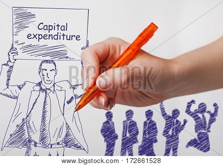 Business, Technology, Internet And Networking Concept. The Girl Draws A Pen Businessman With A Poste