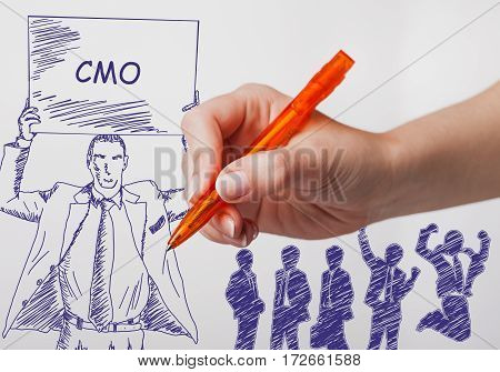 Business, Technology, Internet And Networking Concept. The Girl Draws A Pen Businessman With A Poste
