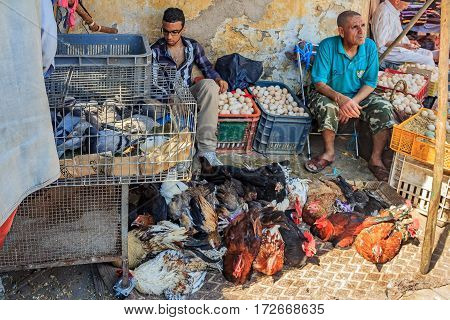 Fes Morocco - May 11 2013: Male vendors selling live chicken pigeons and eggs at a Moroccan souk Moroccan market in the medina