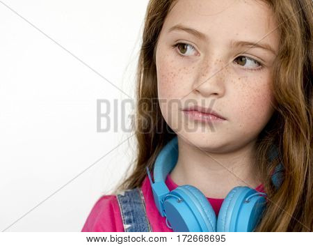 Lonely Little Girl Sad Boredom Depress Expression Music Headphones